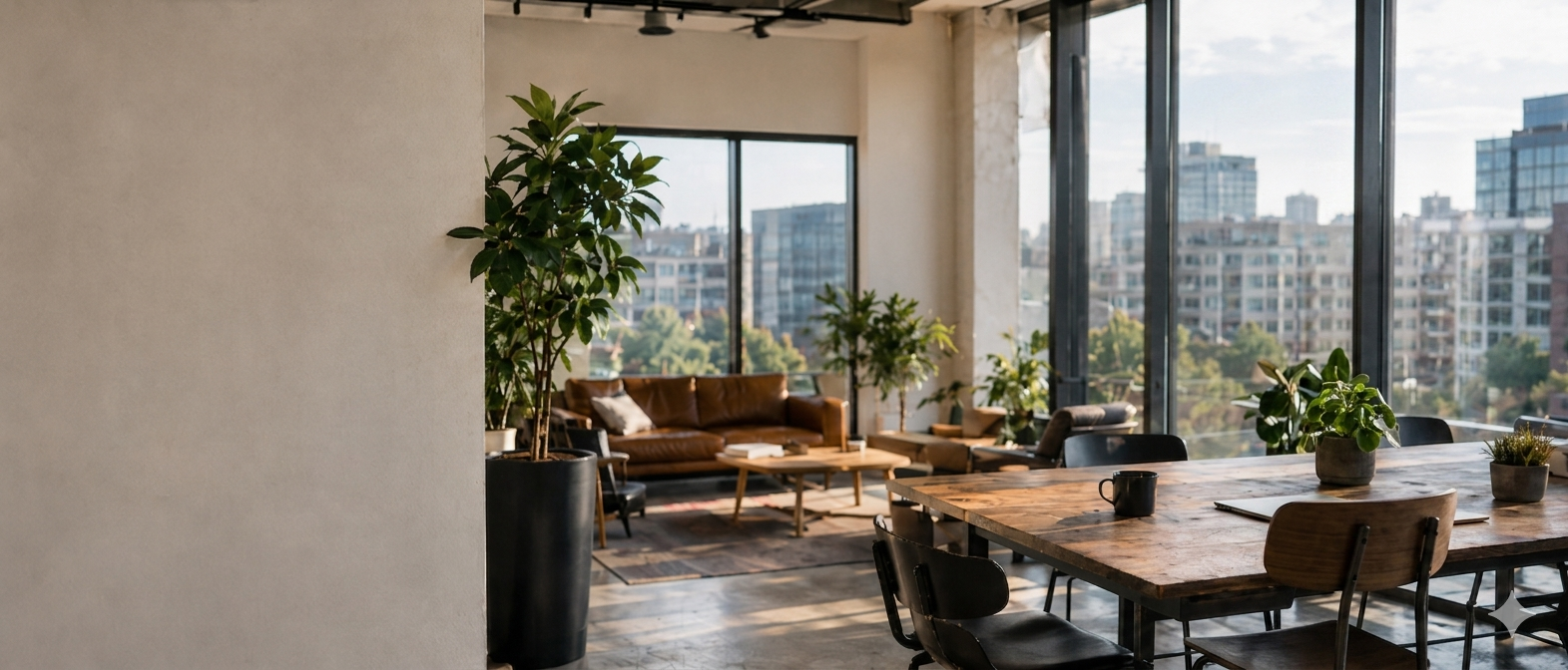 Bright modern open-plan office with floor-to-ceiling windows overlooking a city skyline, featuring natural plants, a leather sofa lounge area, and a wooden conference table.